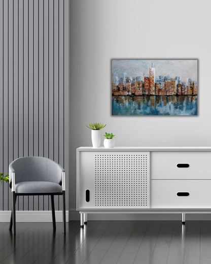 Acrylgemälde 'Skyline' von Smillya Dartsch. Eine stilisierte Darstellung einer Stadt-Skyline mit hohen Gebäuden, die sich im Wasser spiegeln. Die Gebäude sind in warmen Braun- und Rottönen gehalten, während das Wasser in kühlen Blau- und Grautönen dargestellt ist. Das Gemälde ist mit einem Glanzfirnis versiegelt. Maße: 40x60 cm.