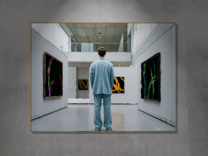 Das fotorealistische Digitalgemälde "Bilbao" aus der Serie "Rueckenfiguren" von nostrokes zeigt eine Person, die von hinten in einem großen, hellen, modernen Gebäude steht. Die Person trägt einen hellblauen Anzug und blickt auf die gegenüberliegenden Wände, an denen moderne, leuchtende Gemälde hängen. Das quadratische Werk ist in einer limitierten Edition auf Leinwand gedruckt und in der Online-Galerie FEMARTSPACE erhältlich.