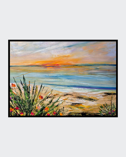 Abstraktes Ölgemälde "Am Abend" von Petra Erengil, 50x70 cm. Abendliche Küstenlandschaft mit orange-gelbem Himmel, ruhigem Meer und Strandgras. Florale abstrakte Malerei.