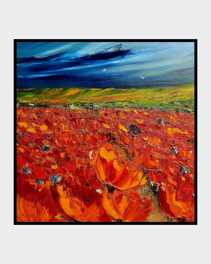 Abstraktes Ölgemälde "Sommer" von Petra Erengil, 50x50 cm. Mohnblumenfeld in Rot und Orange unter einem dunklen, stürmischen blau-grünen Himmel. Florale abstrakte Malerei.