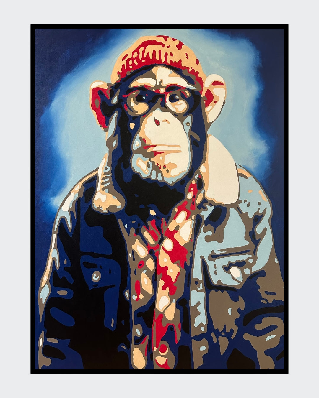 Pop-Art-Affe Björn von Sabine Hoch-Himmighofen in Jeansjacke, inspiriert von nordischer Gelassenheit, limitierte Edition.