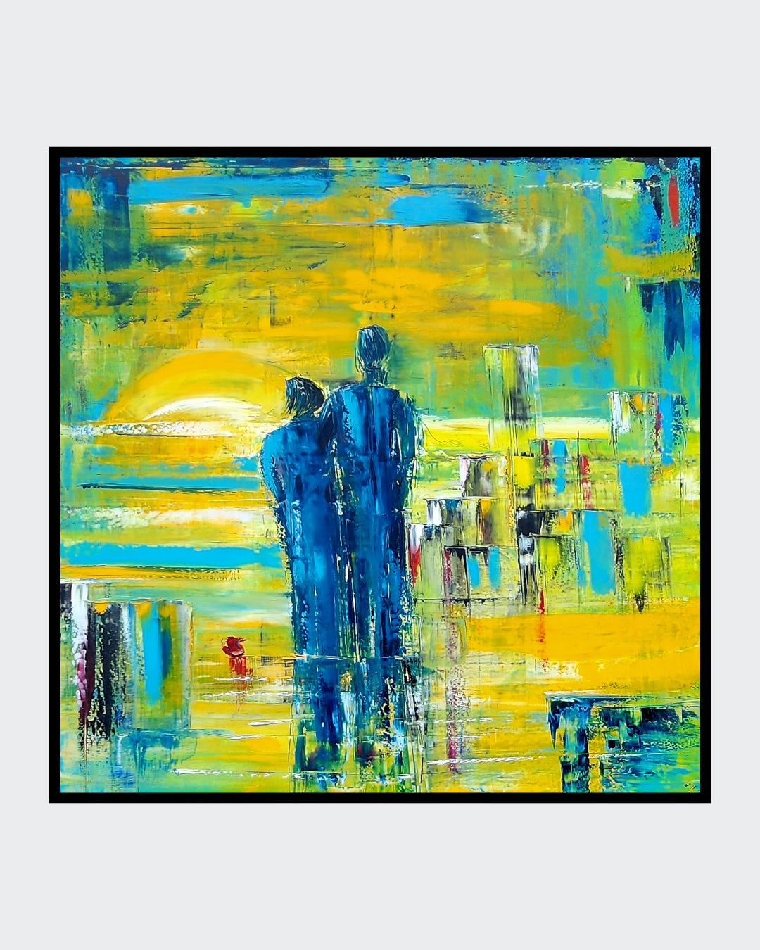 Abstraktes Ölgemälde "Beziehung" von Petra Erengil, 80x80 cm. Zwei blaue Silhouetten vor einem hellgelben, urbanen Hintergrund. Abstrakte Figurendarstellung.