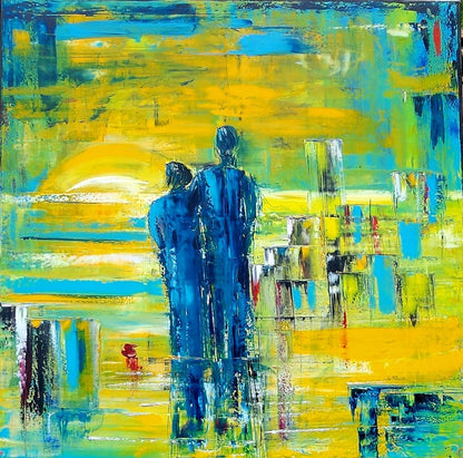 Abstraktes Ölgemälde "Beziehung" von Petra Erengil, 80x80 cm. Zwei blaue Silhouetten vor einem hellgelben, urbanen Hintergrund. Abstrakte Figurendarstellung.