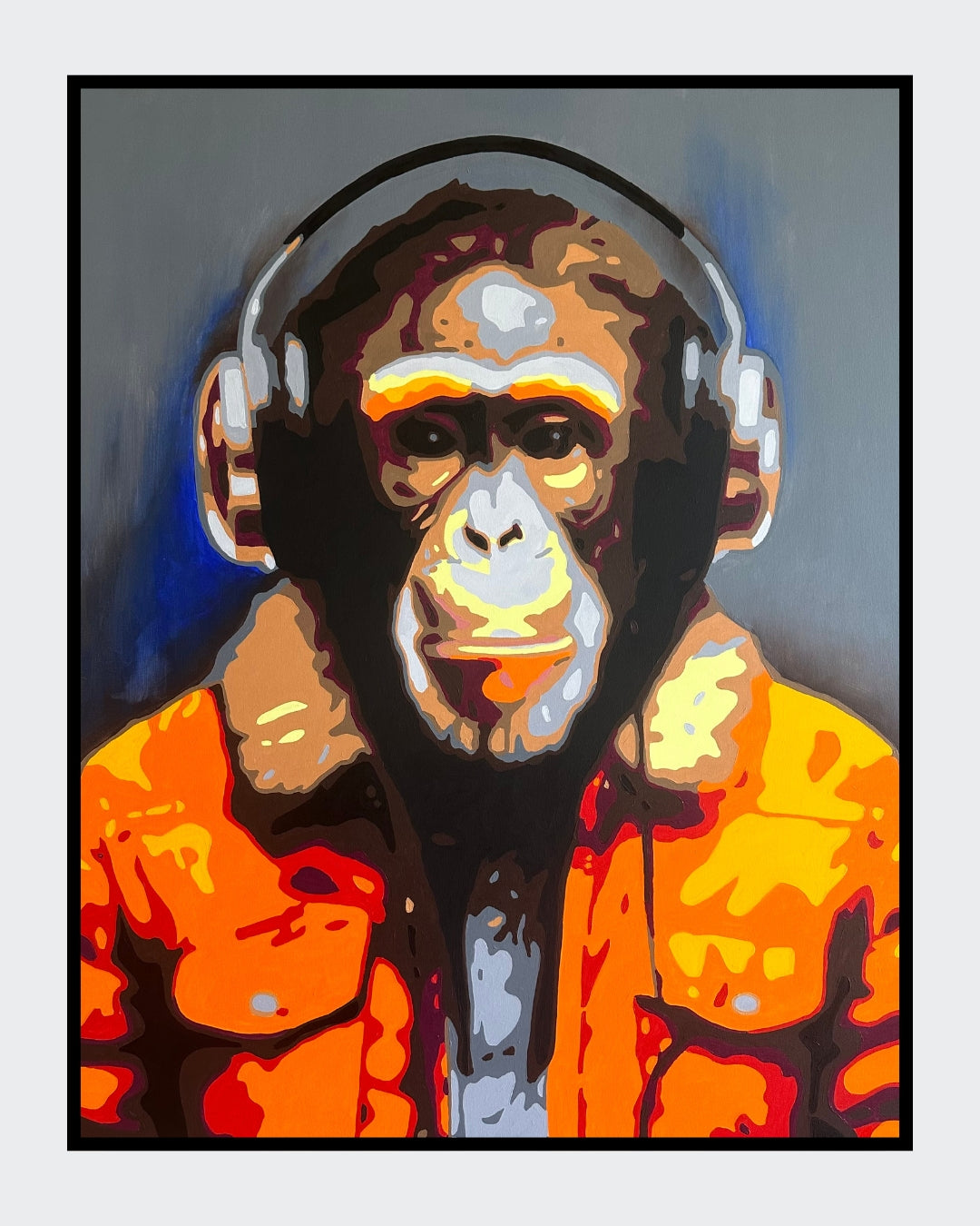 Kunstwerk „Matze“ von Sabine Hoch-Himmighofen – Pop-Art-Affe mit Kopfhörern als Fine Art Print oder Digigrafie auf Leinwand.