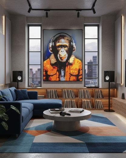 Kunstwerk „Matze“ von Sabine Hoch-Himmighofen – Pop-Art-Affe mit Kopfhörern als Fine Art Print oder Digigrafie auf Leinwand.