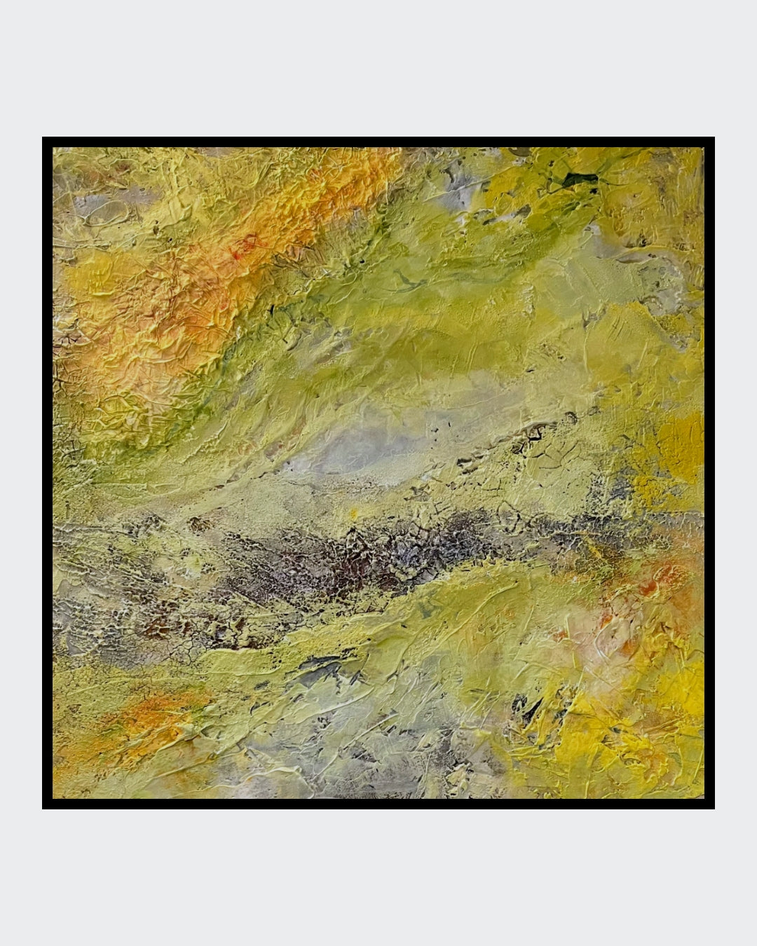 Abstraktes Acrylgemälde "Sonnenwind" von Sigrid Bautze-Klinder in Gelb- und Grüntönen mit pastoser, reliefartiger Textur.