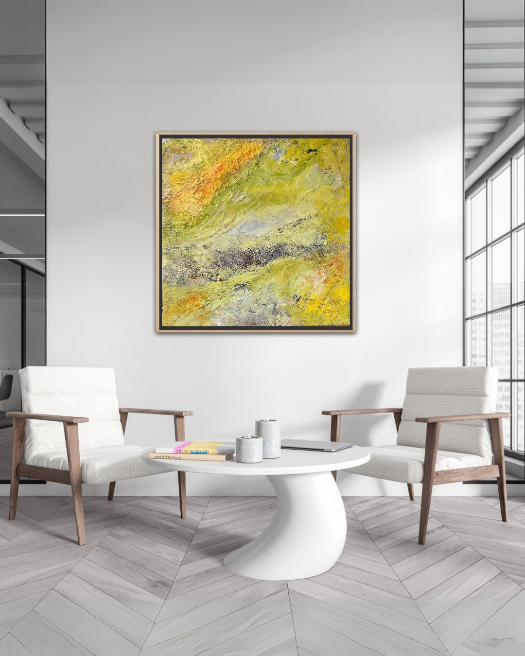 Abstraktes Acrylgemälde "Sonnenwind" von Sigrid Bautze-Klinder in Gelb- und Grüntönen mit pastoser, reliefartiger Textur.