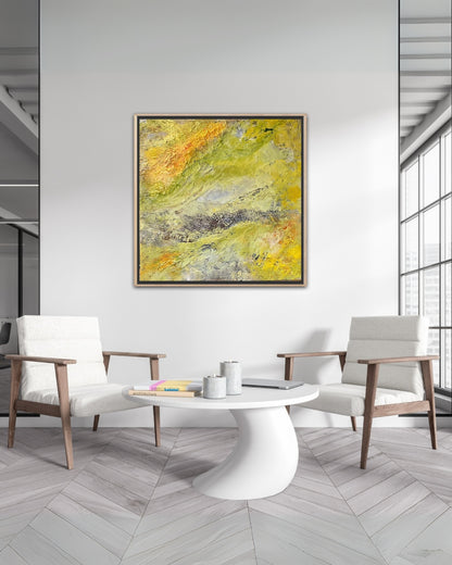 Abstraktes Acrylgemälde "Sonnenwind" von Sigrid Bautze-Klinder in Gelb- und Grüntönen mit pastoser, reliefartiger Textur.