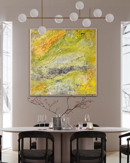 Abstraktes Acrylgemälde "Sonnenwind" von Sigrid Bautze-Klinder in Gelb- und Grüntönen mit pastoser, reliefartiger Textur.