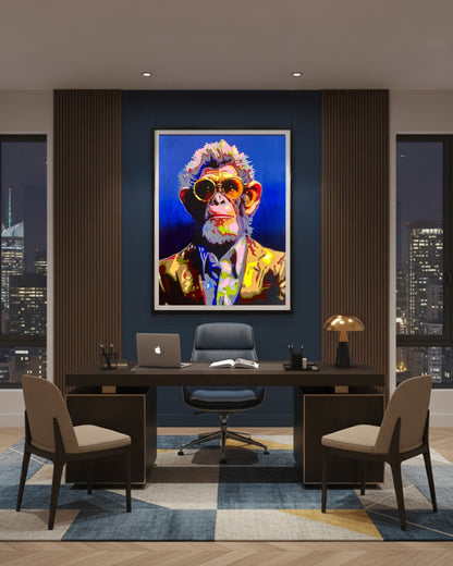 Kunstwerk „Konrad“ von Sabine Hoch-Himmighofen – Business-Pop-Art-Affe als Fine Art Print oder Leinwand-Digigrafie.