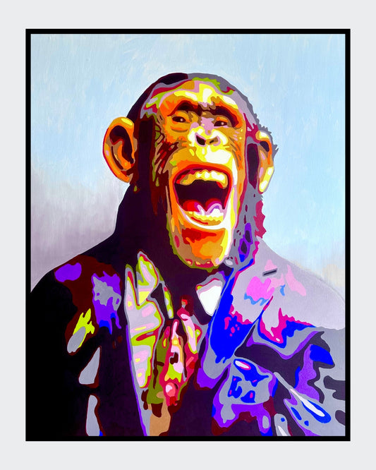 Pop-Art-Kunstwerk „Karl“ von Sabine Hoch-Himmighofen – lachender Affe im Anzug als Fine Art Print oder Leinwandbild.