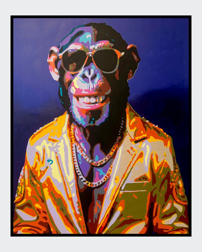 Kunstwerk „Robbie“ von Sabine Hoch-Himmighofen – cooler Pop-Art-Affe mit goldener Jacke als Fine Art Print oder Leinwandbild.