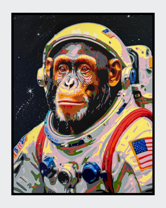 Pop-Art-Kunstwerk „Armstrong“ von Sabine Hoch-Himmighofen – Astronautenaffe als Fine Art Print oder Leinwand-Digigrafie.