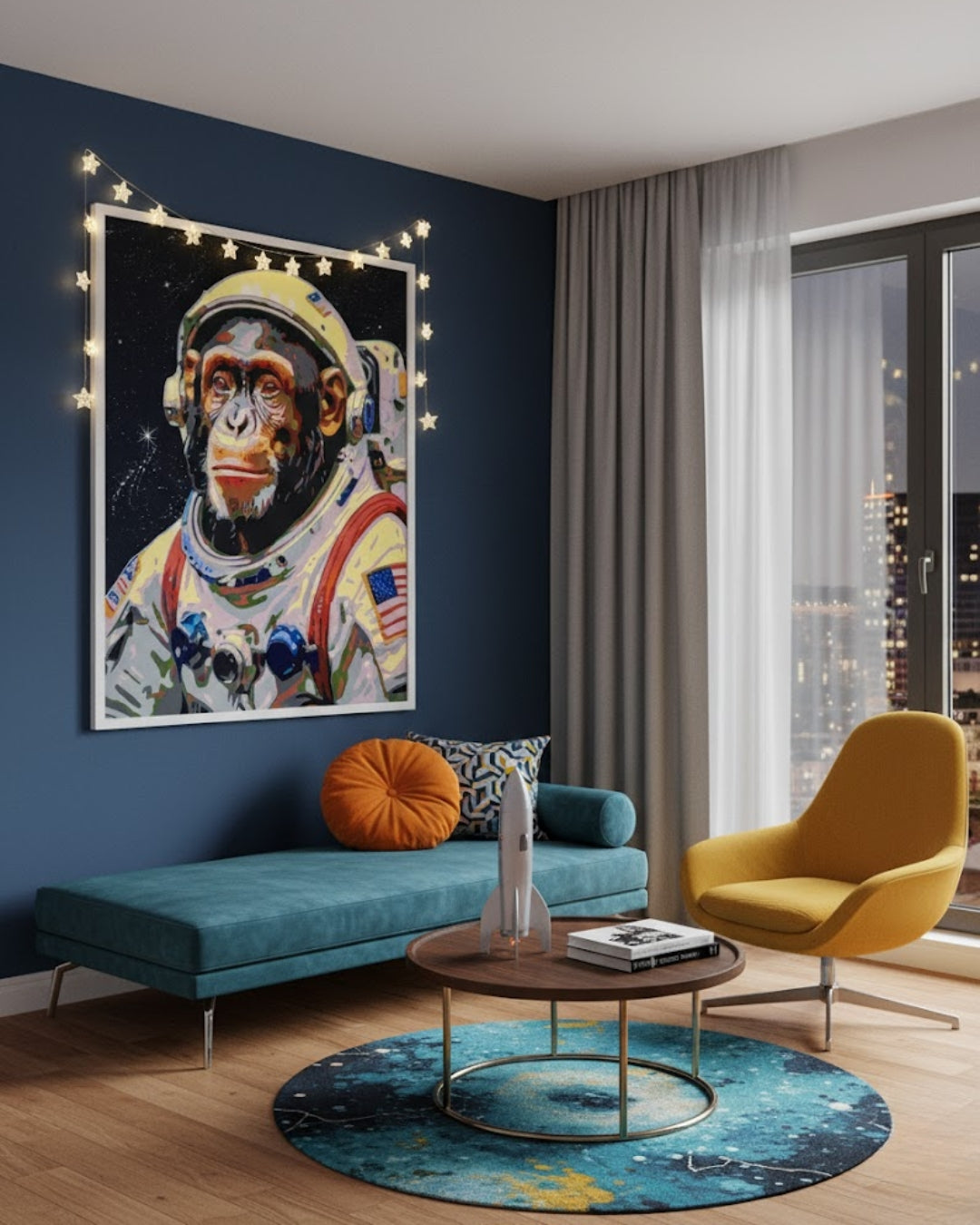 Pop-Art-Kunstwerk „Armstrong“ von Sabine Hoch-Himmighofen – Astronautenaffe als Fine Art Print oder Leinwand-Digigrafie.