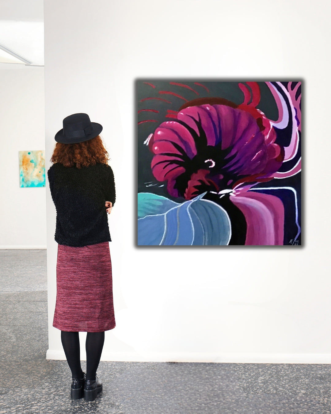 "Malve abstrakt" ist ein abstraktes Gemälde von Claudia Altemeier. Es zeigt die Schönheit der Malve in einer dynamischen Komposition aus leuchtenden Farben und fließenden Formen. Das Gemälde ist in Acryl auf Leinwand gemalt und misst 50x50 cm.