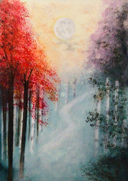 "Mysterious Forest": Acrylgemälde von Claudia Altemeier (70x50 cm), mystischer Herbstwald mit leuchtend roten Bäumen, lilagrauem Nebel, schemenhaftem Weg und milchigem Mondlicht. Romantisch-impressionistischer Stil.