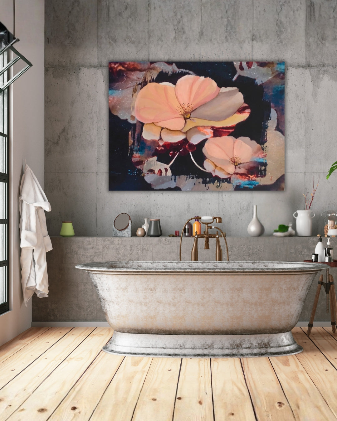 Abstraktes Gemälde mit dem Titel "Apfelblüten". Es zeigt in leuchtenden Farben die Blüten von Apfelbäumen in einer dynamischen Komposition. Das Bild ist in Mixed Media auf Leinwand gemalt und misst 60x80 cm.