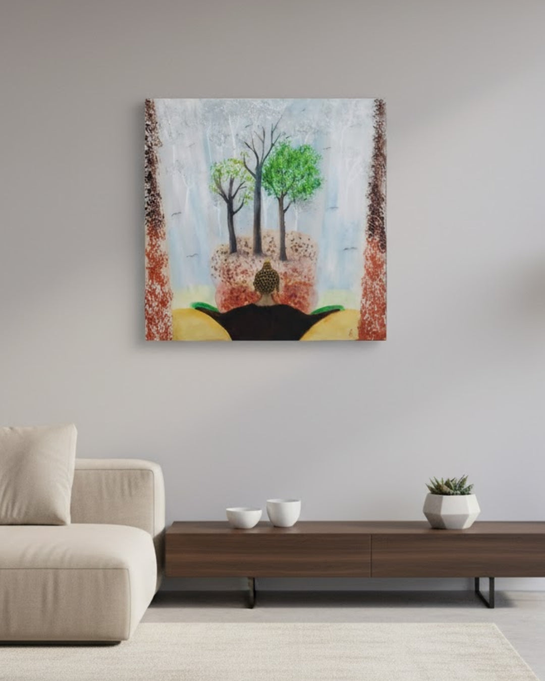 Ein Acrylgemälde auf Leinwand mit dem Titel "Buddhas Seasons" von Claudia Altemeier. Das Gemälde zeigt eine abstrakte Darstellung von Buddha-Motiven in verschiedenen Farben, die die vier Jahreszeiten symbolisieren. Die Leinwand misst 50x50 cm.