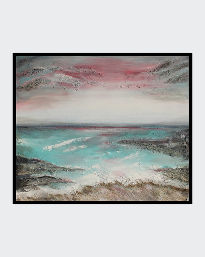 Das Bild zeigt ein abstraktes Gemälde in warmen Farben. Es ist mit Acrylfarbe, Meersand und Marmormehl auf Leinwand gemalt. Das Bild ist 100 cm hoch, 120 cm breit und 4,5 cm tief. Die Künstlerin Ellen Rethemeier hat sich von der Schönheit der Ostsee und Nordsee inspirieren lassen. Erhältlich bei FEMARTSPACE.