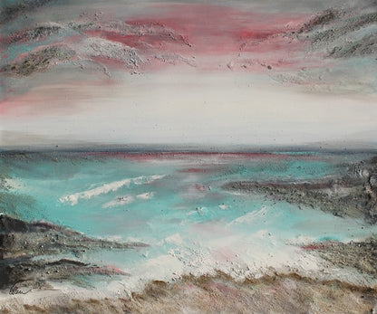 Das Bild zeigt ein abstraktes Gemälde in warmen Farben. Es ist mit Acrylfarbe, Meersand und Marmormehl auf Leinwand gemalt. Das Bild ist 100 cm hoch, 120 cm breit und 4,5 cm tief. Die Künstlerin Ellen Rethemeier hat sich von der Schönheit der Ostsee und Nordsee inspirieren lassen. Erhältlich bei FEMARTSPACE.