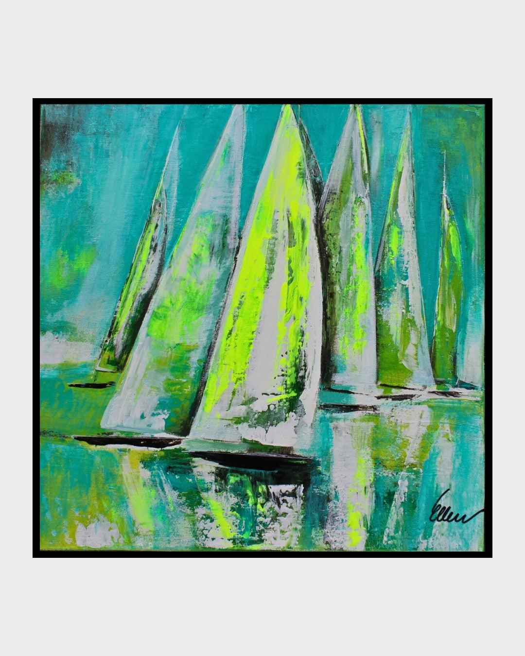 „viva la viva“ ist ein 50 x 50 cm großes Acrylgemälde mit abstrakt dargestellten Segelbooten von Ellen Rethemeier, das in lebendigen Grün- und Neonfarben leuchtet. Die dynamischen Farbschichten erzeugen eine kraftvolle und energetische Ausstrahlung, die den Betrachter in eine lebendige, fröhliche Atmosphäre eintauchen lässt. Erhältlich in der Online-Galerie FEMARTSPACE.