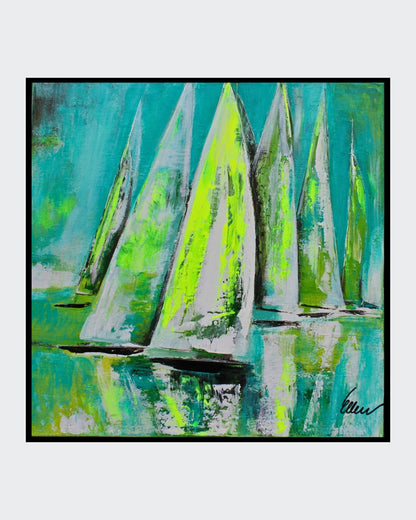 „viva la viva“ ist ein 50 x 50 cm großes Acrylgemälde mit abstrakt dargestellten Segelbooten von Ellen Rethemeier, das in lebendigen Grün- und Neonfarben leuchtet. Die dynamischen Farbschichten erzeugen eine kraftvolle und energetische Ausstrahlung, die den Betrachter in eine lebendige, fröhliche Atmosphäre eintauchen lässt. Erhältlich in der Online-Galerie FEMARTSPACE.