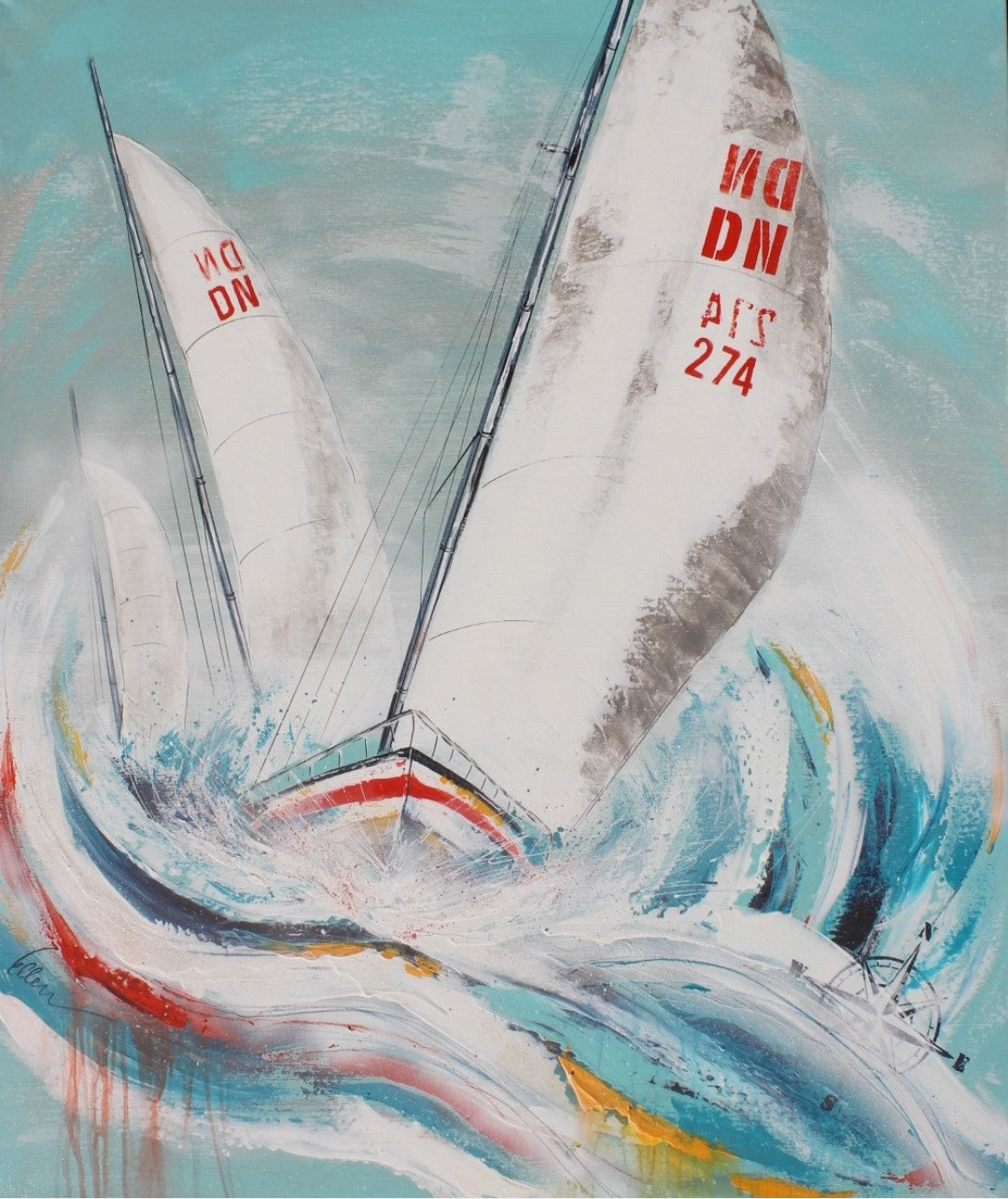 Ein kraftvolles, abstraktes Gemälde von Ellen Rethemeier, das die unbändige Kraft des Meeres einfängt. Zwei Segelboote kämpfen sich durch hohe Wellen, während der Wind ihre Segel bläht. Die Farben sind kräftig und dynamisch, mit viel Weiß und Blau, um die Gischt und den Himmel darzustellen. Erhältlich bei FEMARTSPACE, Online-Galerie.