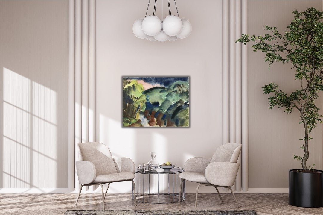 Das Aquarell „Rednitz“ zeigt eine abstrahierte Flusslandschaft in intensiven Farben. Ein Fluss zieht sich diagonal durch das Bild, umgeben von grünem Ufer und braunen Steinformationen. Die dominierenden Blautöne des Wassers kontrastieren mit dem warmen Braun der Steine und den lebendigen Grüntönen der Vegetation. Der Himmel ist in dunklen Blau- und Rosatönen gehalten, was dem Werk eine dramatische und atmosphärische Stimmung verleiht. Der Pinselstrich wirkt spontan und expressiv.