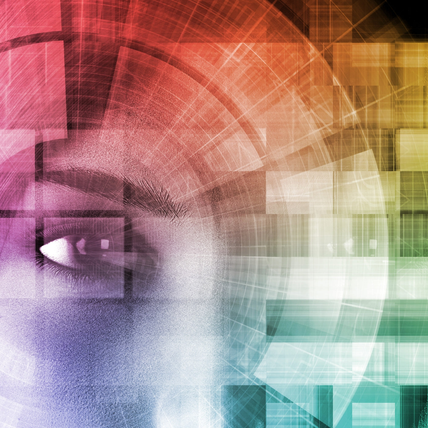 Abstrakte digitale Kunst mit einem Nahaufnahme-Auge und mehrfarbigen geometrischen Mustern, die ein modernes und künstlerisches Design für FemArtSPACE darstellen.