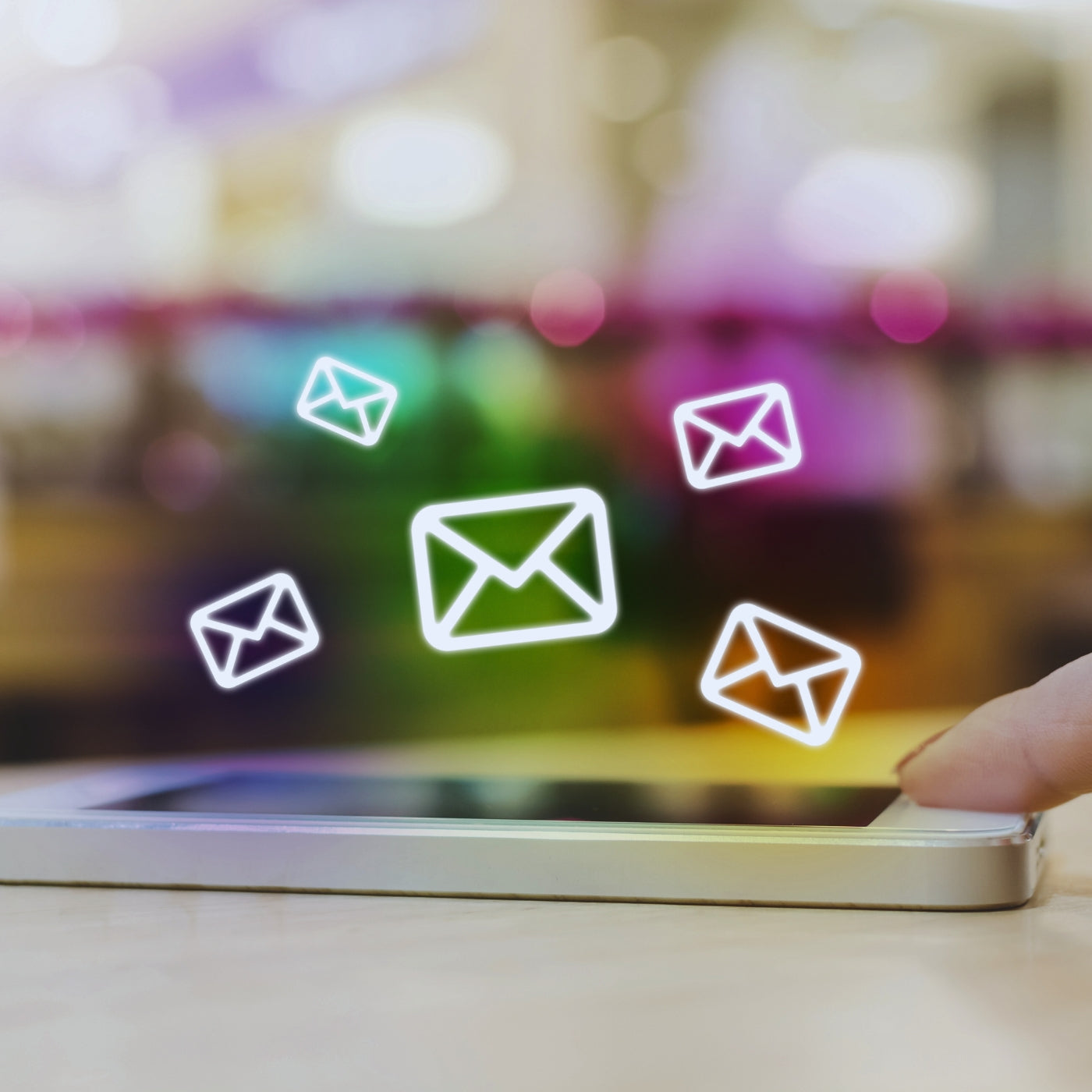 Lebendige digitale Kunst mit Neon-E-Mail-Symbolen, die über einem Smartphone-Bildschirm schweben und moderne Kommunikation und Technologie symbolisieren, perfekt für FemArtSPACE.