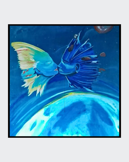 "Göttliches Liebesgeflüster" von Petra Bigeschke, ein Acrylgemälde auf Leinwand im Format 100x100 cm. Das Werk zeigt in leuchtenden Farben zwei Figuren, die sich ineinander verschmelzen und von oben geführt werden.