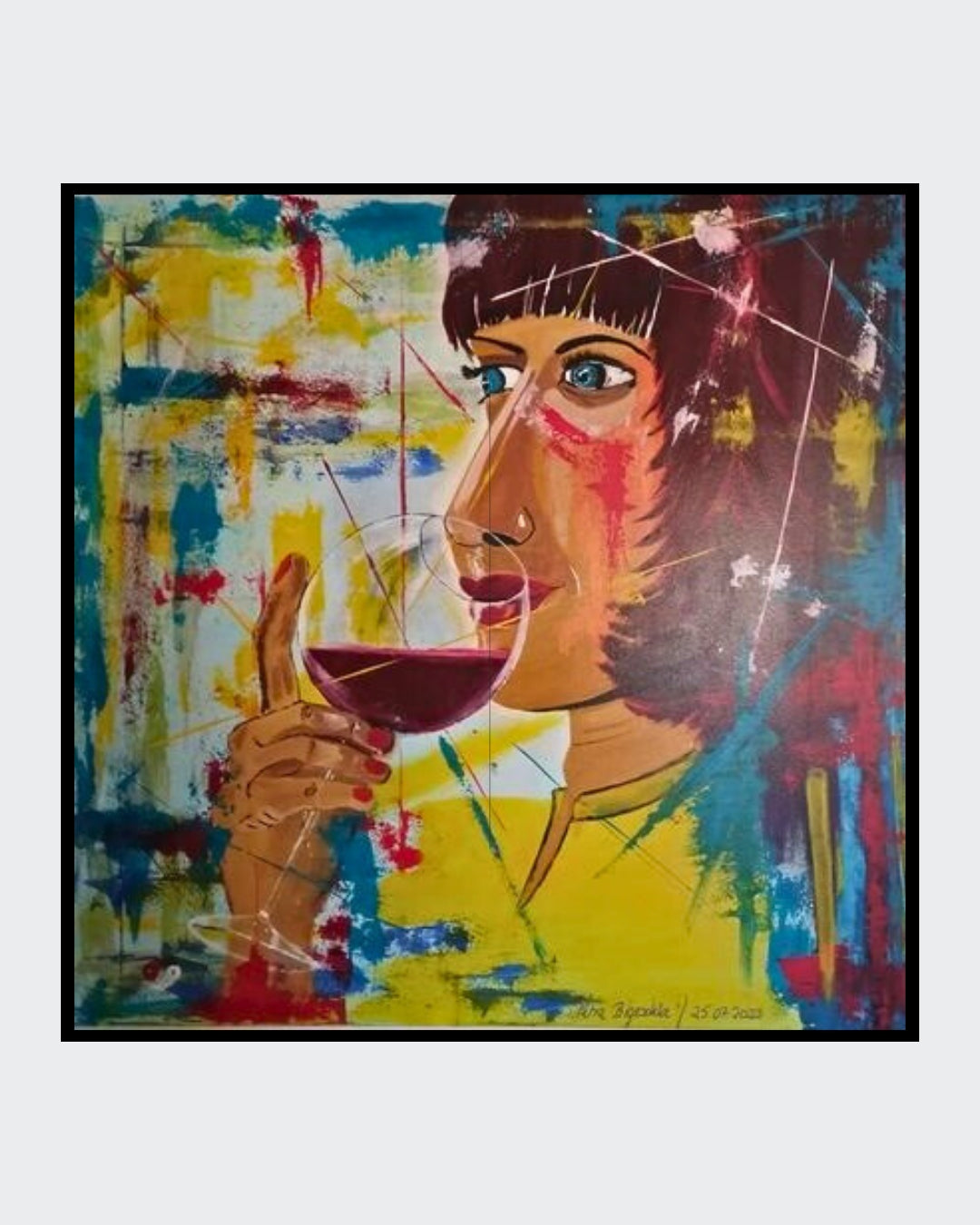 Abstraktes Acrylgemälde von Petra Bigeschke in leuchtenden Farben. Die Leinwand misst 100x100 cm und zeigt eine dynamische Komposition, die Freude und Leichtigkeit ausstrahlt. Bei FemArtSPACE.