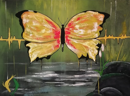 Abstraktes Acrylgemälde "Herzschlag der Natur" von Petra Bigeschke. Ein Schmetterling mit ausgebreiteten Flügeln, der Freiheit und Wachstum symbolisiert.