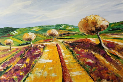 “Der Feldweg” von Petra Erengil ist ein lebendiges Ölgemälde, das die Ruhe der Natur einfängt. Ein geschwungener Weg führt durch ein farbenfrohes Feld, umgeben von Bäumen in warmen Gelb- und Brauntönen. Die kräftigen Farben und die reiche Textur verleihen dem Werk eine fast dreidimensionale Qualität. Ideal für Kunstkenner und Liebhaber natürlicher Landschaften.