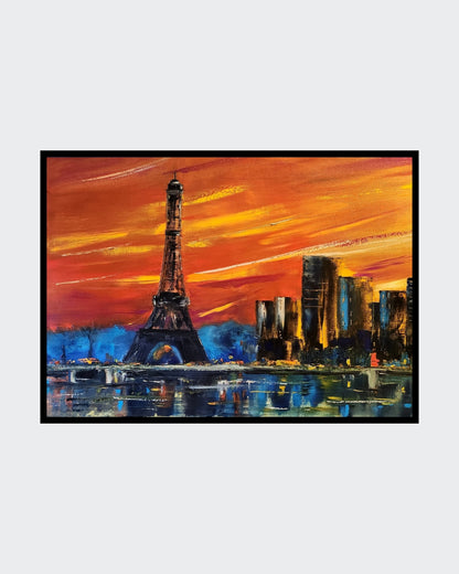Das Gemälde “Paris” von Petra Erengil zeigt den Eiffelturm vor einem dramatischen Himmel in kräftigen Blau- und Orangetönen, mit moderner Architektur im Hintergrund. Die pastöse Technik verleiht dem Bild eine beeindruckende Textur und Tiefe. 