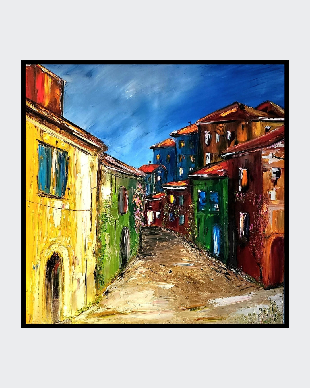 Das Gemälde “Die Pension” von Petra Erengil zeigt eine belebte Straßenszene mit mehrstöckigen Gebäuden in warmen Gelb- und Rottönen, kontrastiert von einem kühlen blauen Himmel. Die pastöse Technik verleiht dem Bild eine faszinierende Struktur.