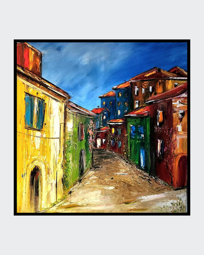 Das Gemälde “Die Pension” von Petra Erengil zeigt eine belebte Straßenszene mit mehrstöckigen Gebäuden in warmen Gelb- und Rottönen, kontrastiert von einem kühlen blauen Himmel. Die pastöse Technik verleiht dem Bild eine faszinierende Struktur.