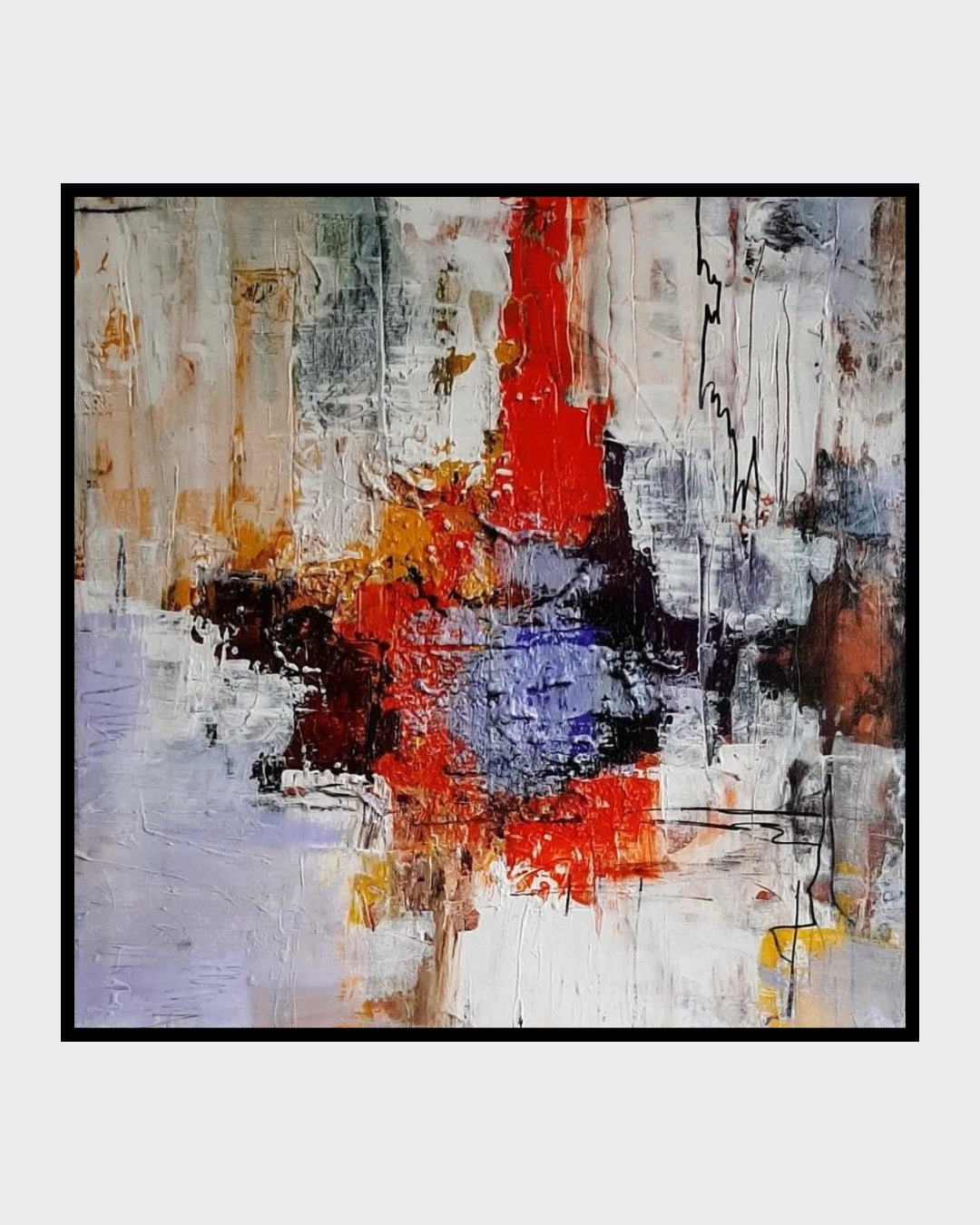 “Emotionen” von Sigrid Bautze-Klinder, 50 x 50 cm, Acryl auf Leinwand. Abstrakte Komposition in Weiß-, Rot-, Orange-, Blau- und Brauntönen. Scharfe Linien, Tropfen und Farbblöcke thematisieren menschliche Emotionen. Bei FemArtSPACE Kunst-Onlineshop.