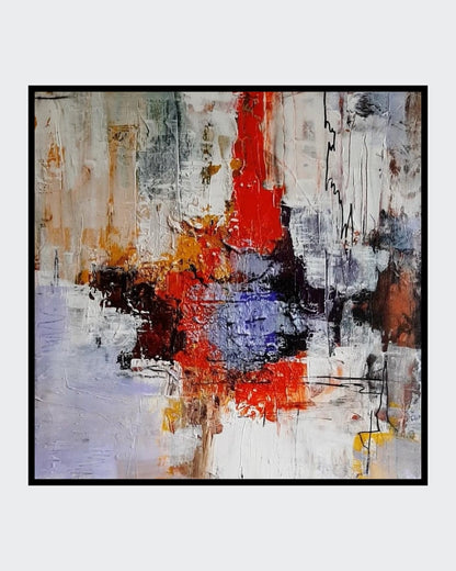 “Emotionen” von Sigrid Bautze-Klinder, 50 x 50 cm, Acryl auf Leinwand. Abstrakte Komposition in Weiß-, Rot-, Orange-, Blau- und Brauntönen. Scharfe Linien, Tropfen und Farbblöcke thematisieren menschliche Emotionen. Bei FemArtSPACE Kunst-Onlineshop.