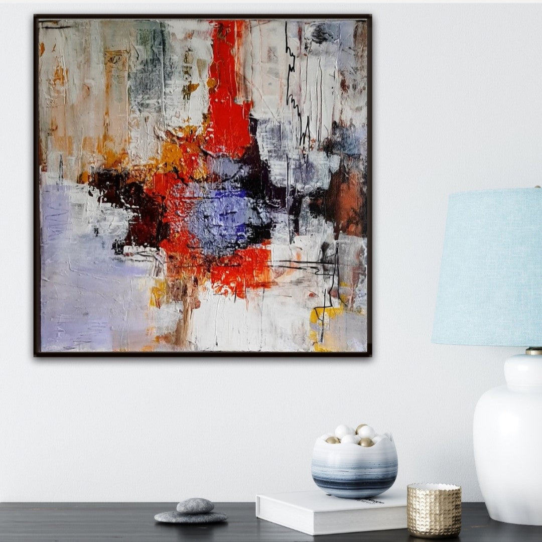 “Emotionen” von Sigrid Bautze-Klinder, 50 x 50 cm, Acryl auf Leinwand. Abstrakte Komposition in Weiß-, Rot-, Orange-, Blau- und Brauntönen. Scharfe Linien, Tropfen und Farbblöcke thematisieren menschliche Emotionen. Bei FemArtSPACE Kunst-Onlineshop.