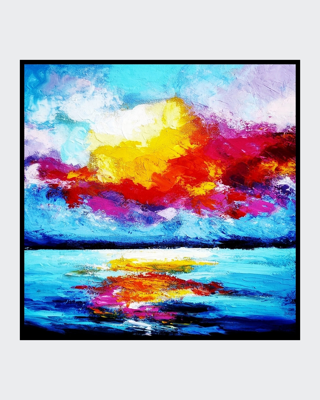 Die Beschreibung konzentriert sich auf die wesentlichen Elemente des Bildes: Himmel, Meer, Farben und die besondere Struktur durch die Spachteltechnik. Die Verwendung von haptischen Begriffen wie "strukturiert" und "dreidimensionale Wirkung" hilft, die Besonderheit des Gemäldes zu vermitteln. Gemälde der Künstlerin Susanne Stepbach aus Wuppertal.