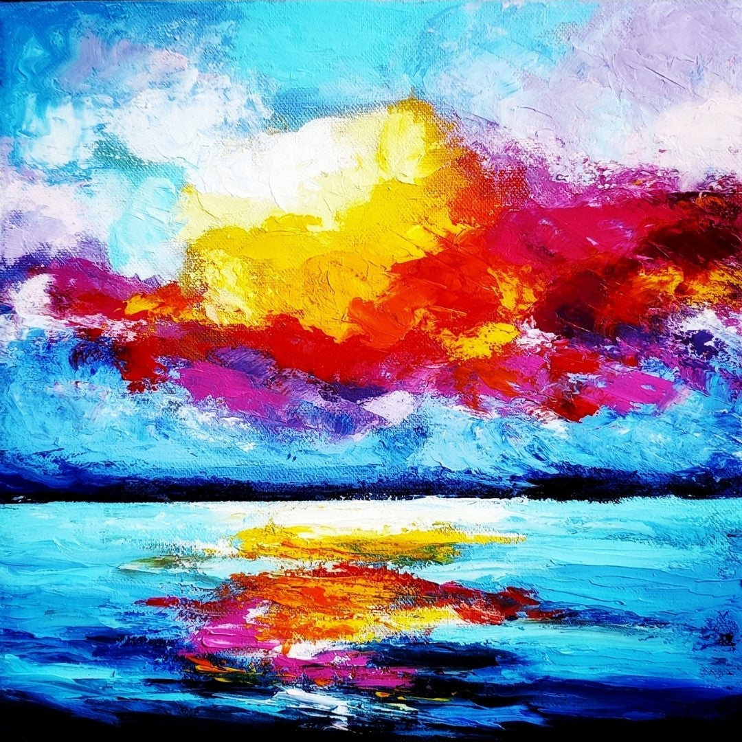 Die Beschreibung konzentriert sich auf die wesentlichen Elemente des Bildes: Himmel, Meer, Farben und die besondere Struktur durch die Spachteltechnik. Die Verwendung von haptischen Begriffen wie "strukturiert" und "dreidimensionale Wirkung" hilft, die Besonderheit des Gemäldes zu vermitteln. Gemälde der Künstlerin Susanne Stepbach aus Wuppertal.