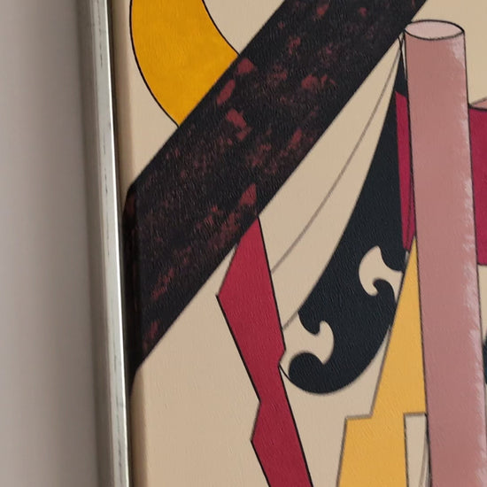 "Acrylgemälde 'Ohne Gleichen 2' von Smillya Dartsch. Eine geometrische Komposition mit einer Vielzahl von farbigen Formen und Linien. Das Bild zeigt eine Mischung aus Rechtecken, Kreisen, Pfeilen und einem Schmetterling, die in lebhaften Farben auf einem hellen Hintergrund angeordnet sind. Das Gemälde hat eine seichte, unterschiedlich ausgeprägte Struktur und ist mit einem Schattenfugenrahmen versehen. Maße: 84x104 cm."