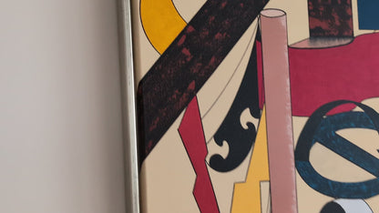 "Acrylgemälde 'Ohne Gleichen 2' von Smillya Dartsch. Eine geometrische Komposition mit einer Vielzahl von farbigen Formen und Linien. Das Bild zeigt eine Mischung aus Rechtecken, Kreisen, Pfeilen und einem Schmetterling, die in lebhaften Farben auf einem hellen Hintergrund angeordnet sind. Das Gemälde hat eine seichte, unterschiedlich ausgeprägte Struktur und ist mit einem Schattenfugenrahmen versehen. Maße: 84x104 cm."